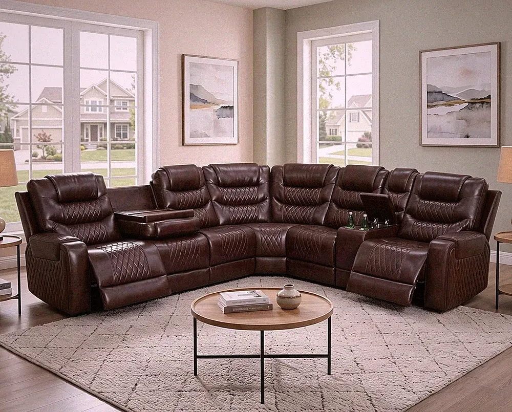 Power Recliner Sectional Sofa for Living Room, Breathing Leather Reclining Corne