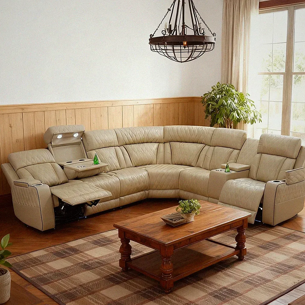 Power Recliner Sectional Sofa, Khaki Leather Reclining Couch Set with LED, L-Sha