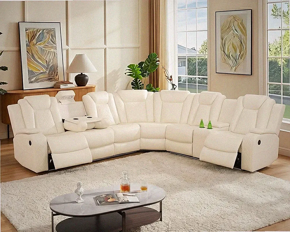 Power Recliner Sectional Sofa with LED, Breathing Leather Reclining Sectional Co