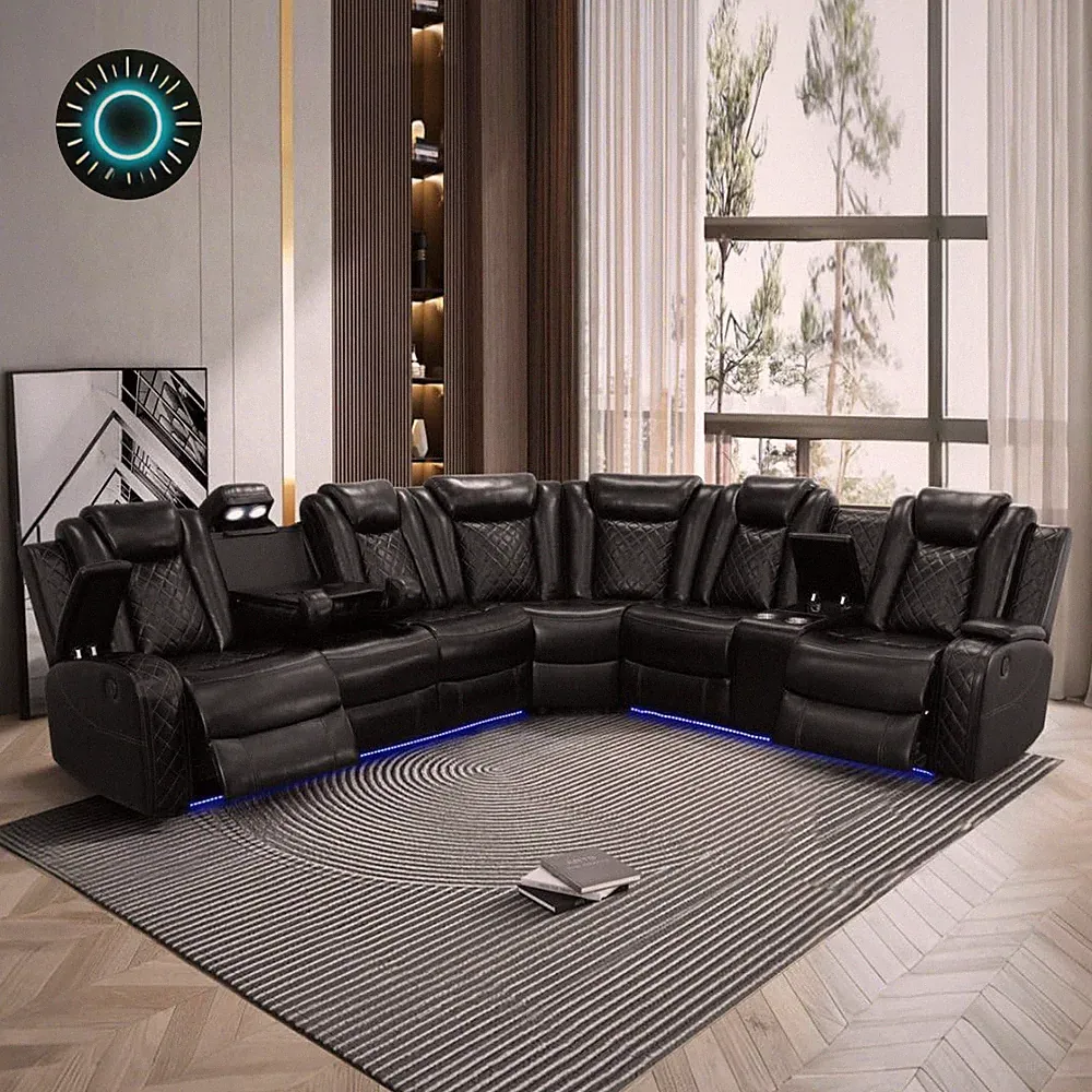 Power Recliner Sectional Sofa with LED Power Reclining Sectional Couch Breathing