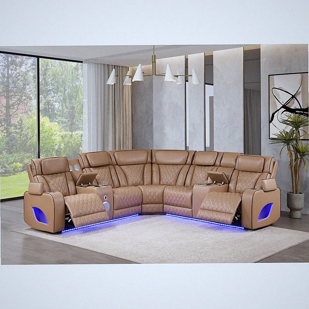 Power Recliner Sectional w/ Massage, Bluetooth, LED, Storage - Caramel