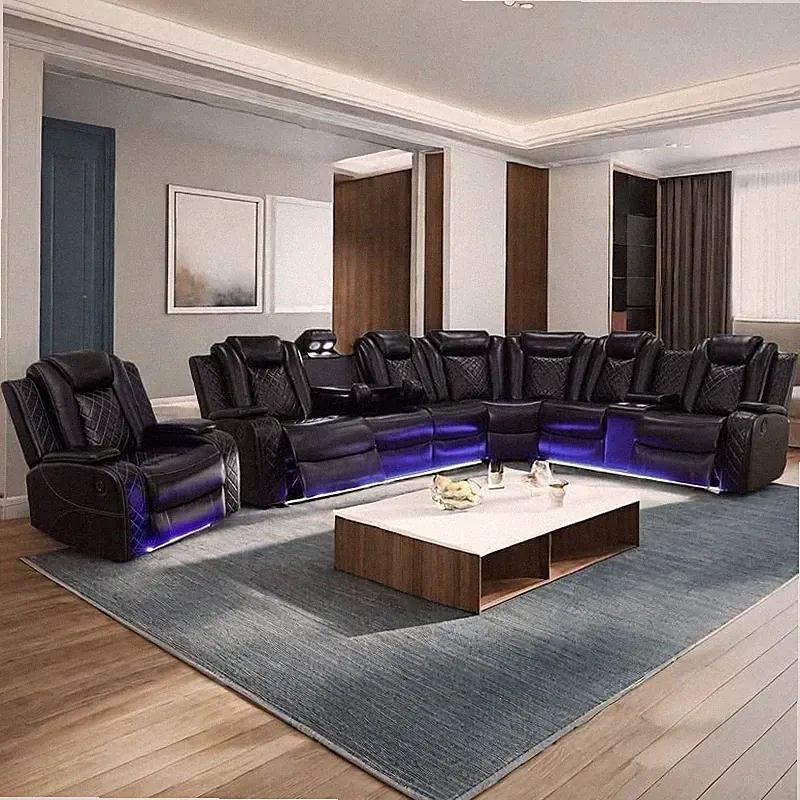 Power Recliner Sofa Sectional Sofa with LED Light for Living Room, Air Leather R