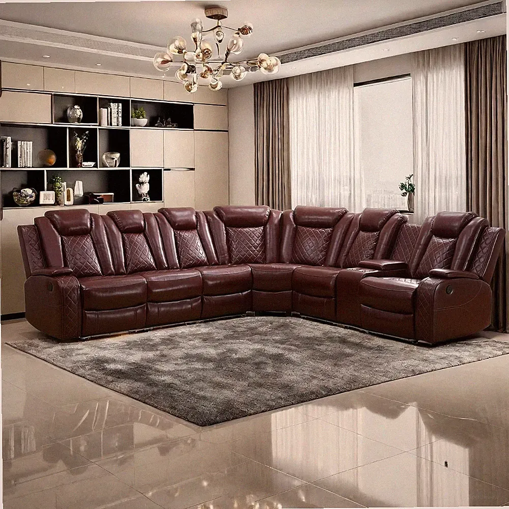 Power Recliner Sofa Sectional Sofa with LED Light for Living Room, Air Leather R