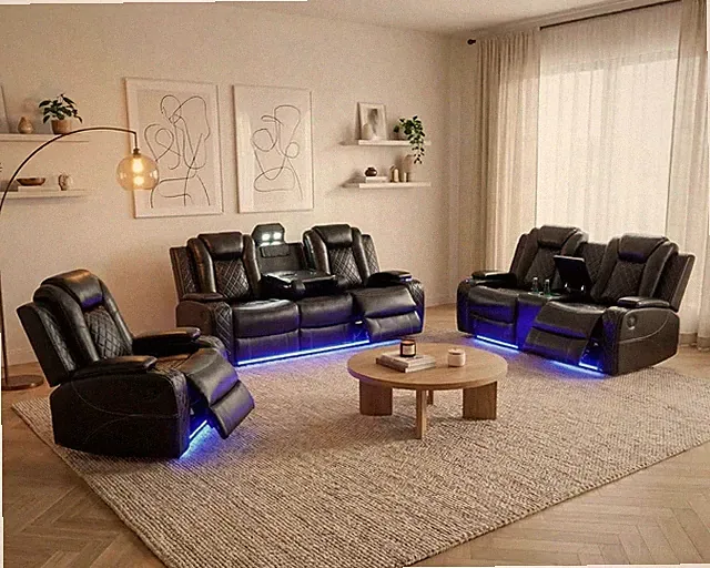Power Recliner Sofa Set with LED, 3 Piece Living Room Furniture Set, Leather Rec
