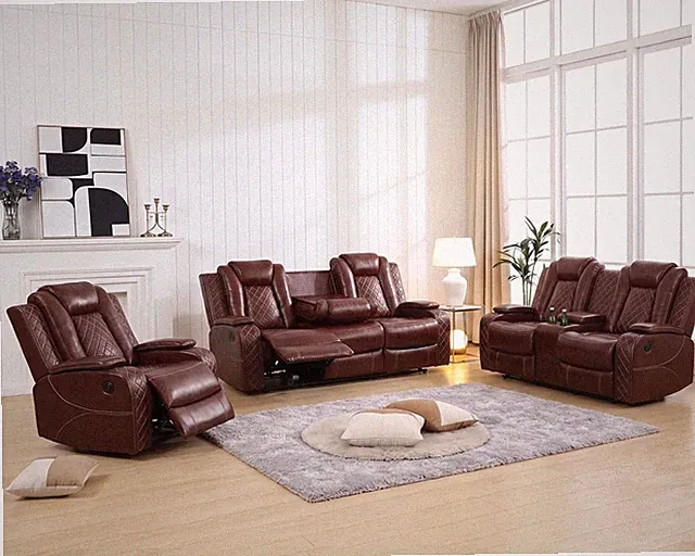Power Recliner Sofa Set with LED Lighting & USB Port, Breathing Leather Reclinin