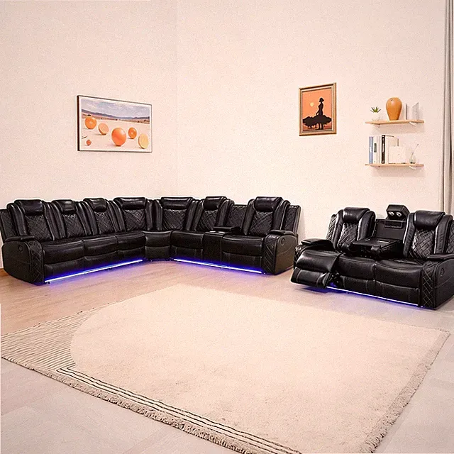 Power Reclinier Sectional Sofa Set,Black Leather Reclining Sectional Modular Cou