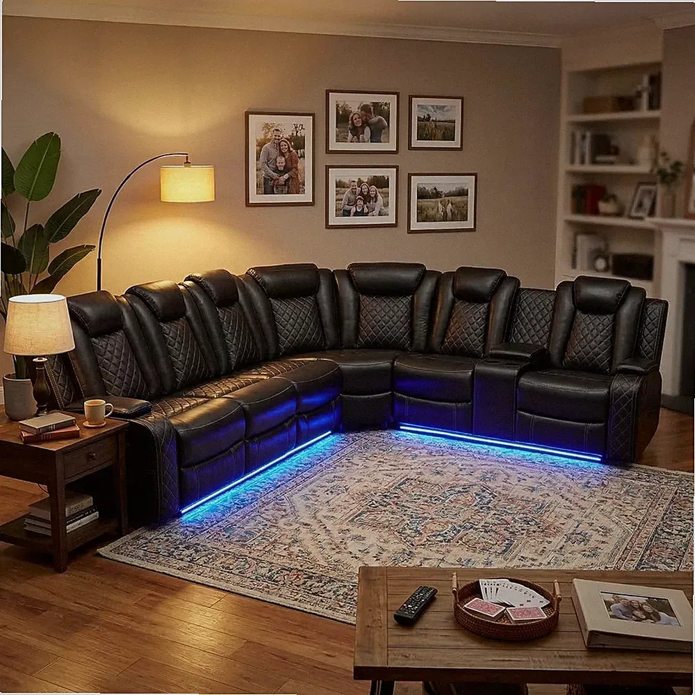 Power Reclining Leather Sectional Sofa Set for Living Room, 6-Seater Black Curve