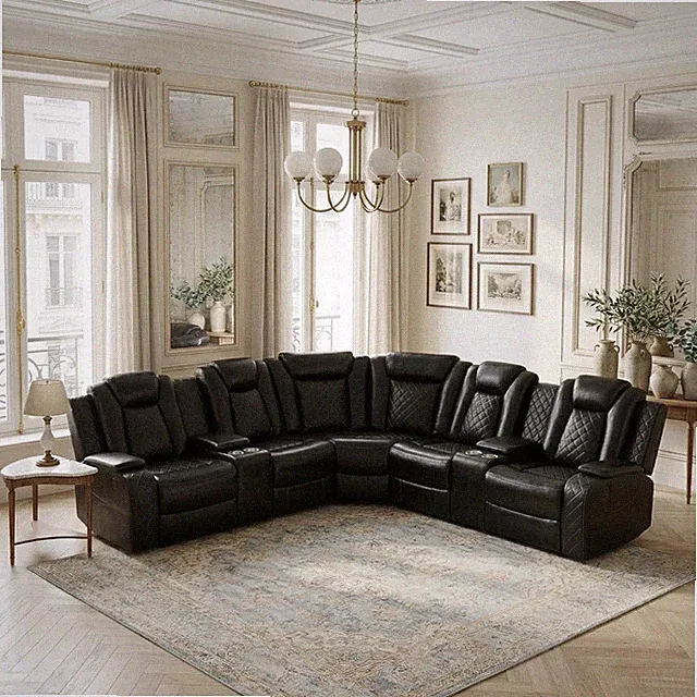 Power Reclining Sectional Sofa, Black Leather Recliner Corner Couch, Air Leather