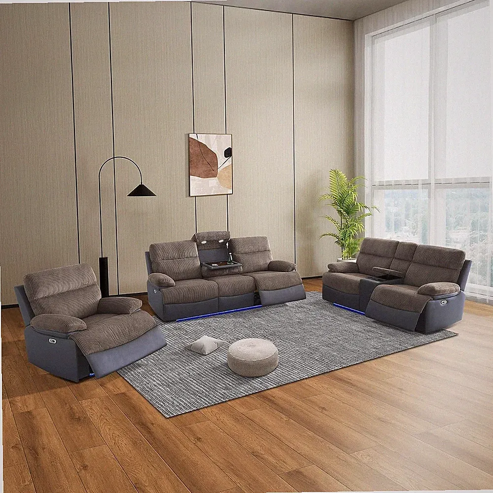 Power Reclining Sectional Sofa Set, Premium Fabric Recliner Couch with Console S