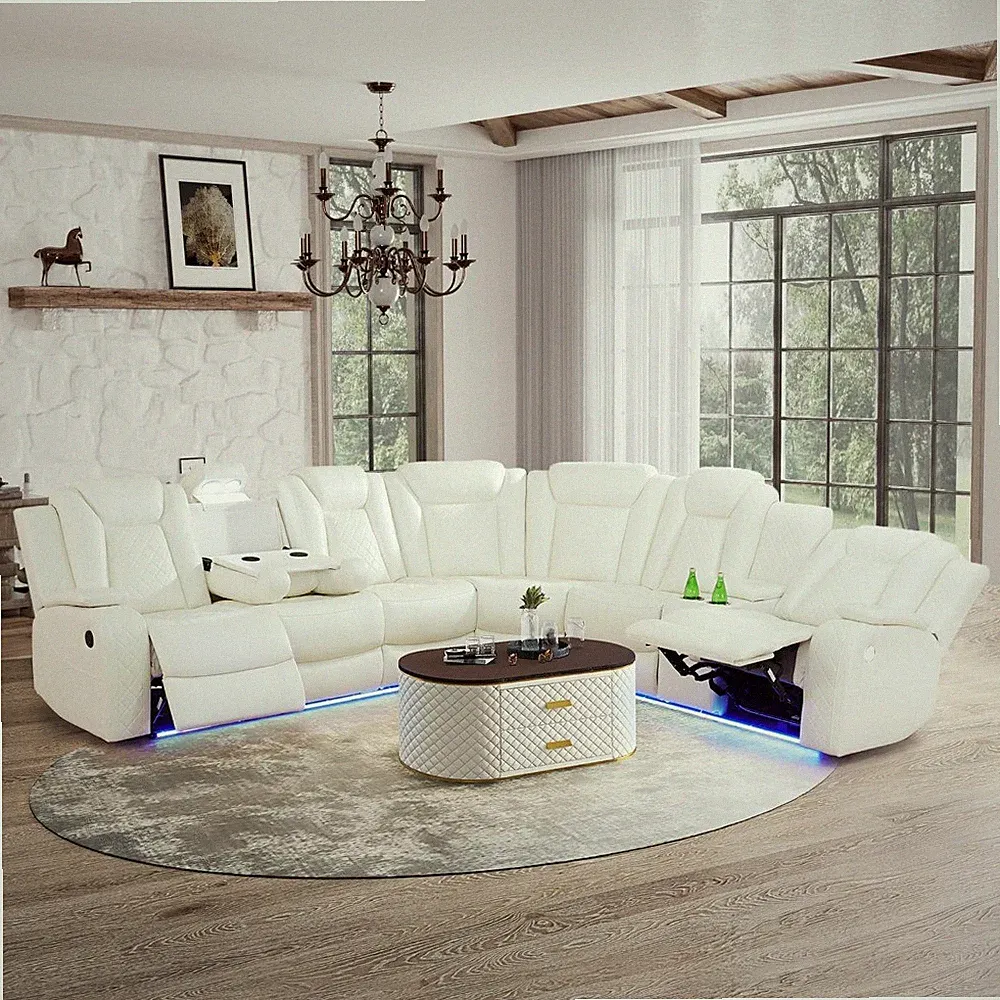 Power Reclining Sectional Sofa USB Chargers and Storage Console, Leather