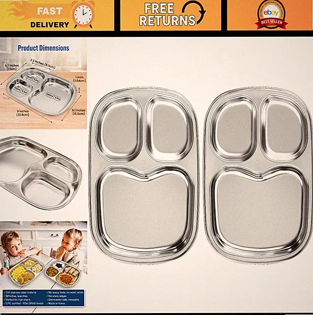 Premium 304 Stainless Steel Divided Plates for Kids & Toddlers - BPA-Free, 3-Com