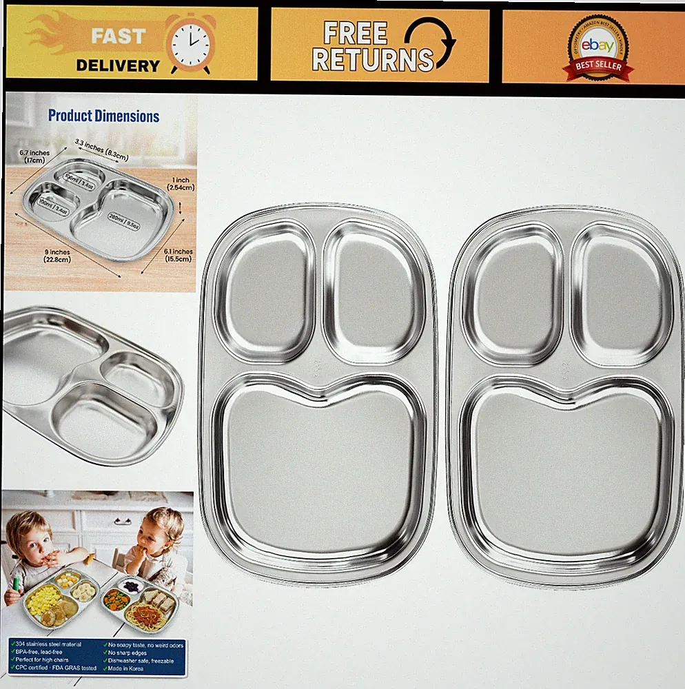 Premium 304 Stainless Steel Divided Plates for Kids & Toddlers - BPA-Free, 3-Com
