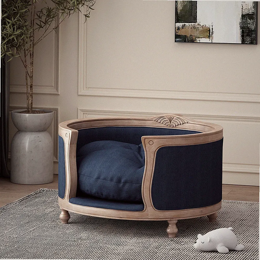 Premium Large Dog Bed, Navy Blue Tufted Fabric Pet Sofa w/ Birch Wood Frame