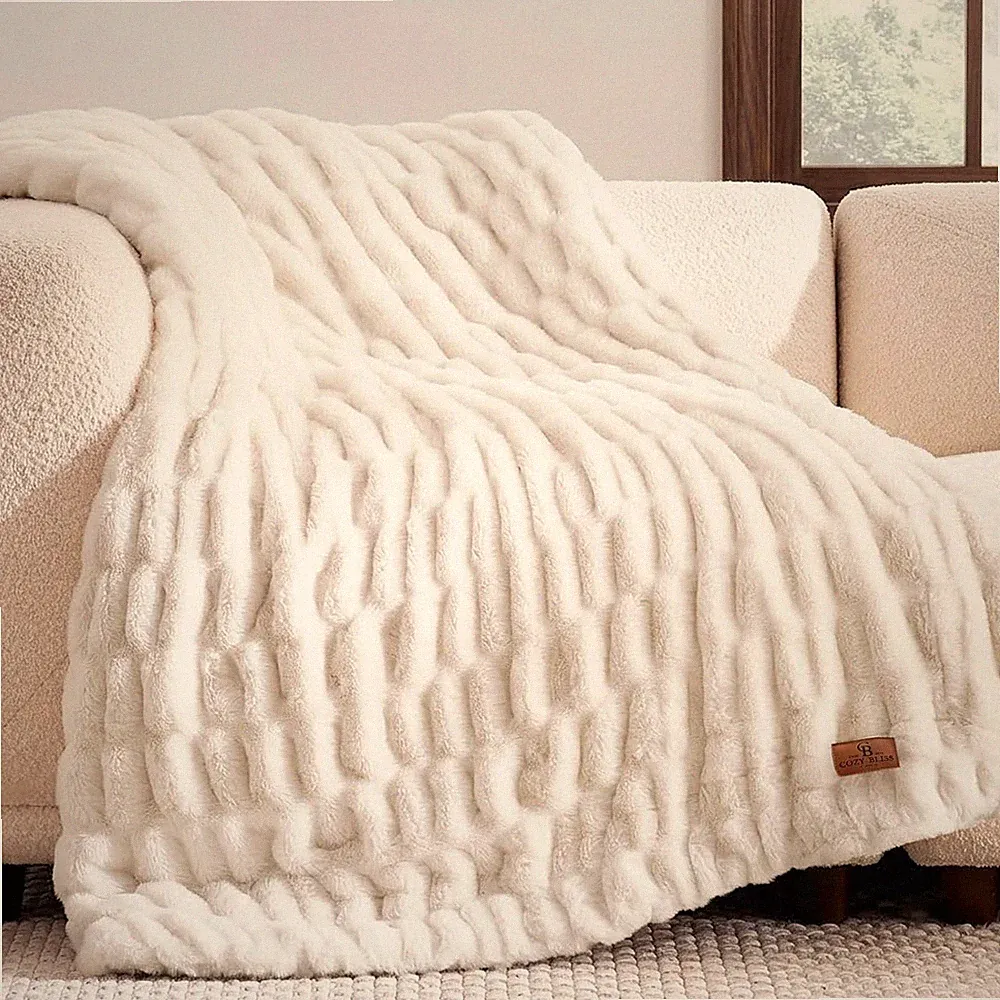 Premium Ruched Faux Fur Throw Blanket for Couch, Double-Sided Soft Textured Fuzz