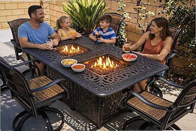 Propane Fire Pit Table Set 7 Piece Cast Aluminum Patio Furniture Dark Bronze