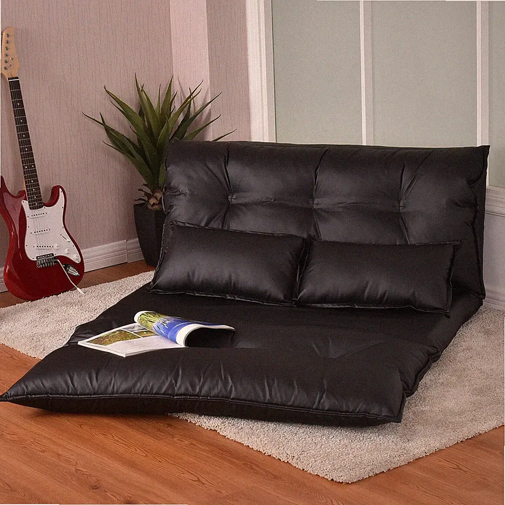 PU Leather Foldable Modern Leisure Floor Sofa Bed Video Gaming 2 Pillows Black