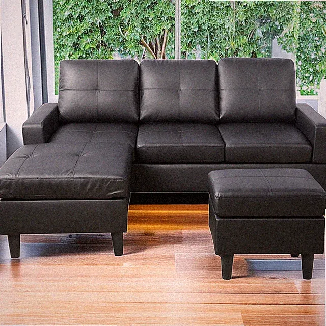PU Leather L-Shaped Sectional Sofa With Ottoman Modern Modular Couch Living Room