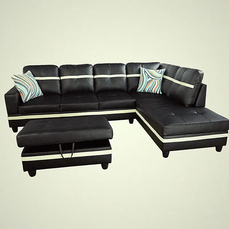PU Leather L-Shaped Sofa Sectional Couch w/2 Pillows Storage Ottoman Living Room