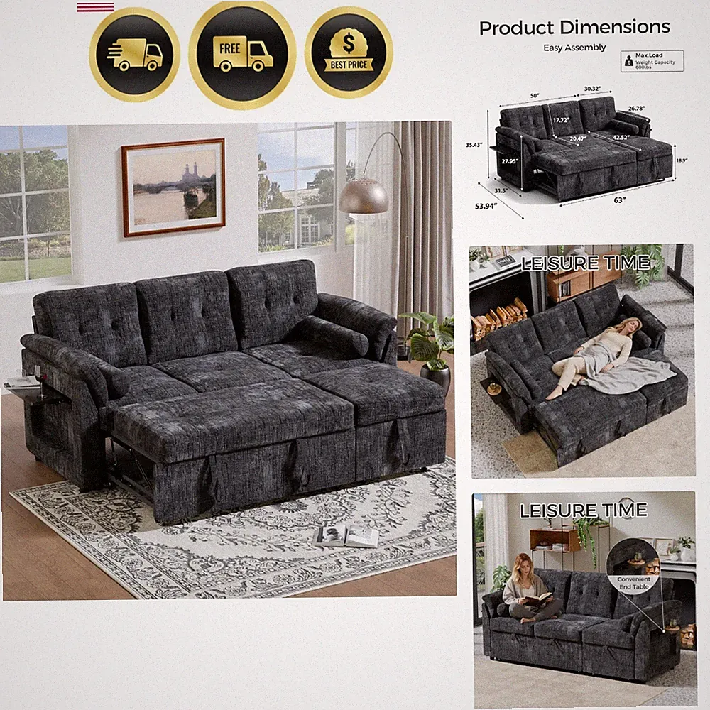 Pull Out Couch, L Shaped Sectional Couch with Pull Out Bed, Convertible Sofa...