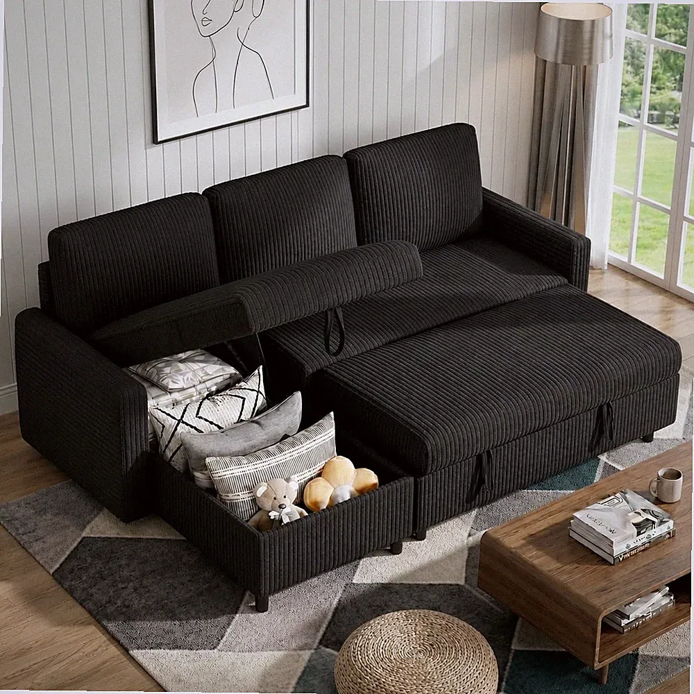Pull Out Couch with Storage for Small Space, Black Corduroy