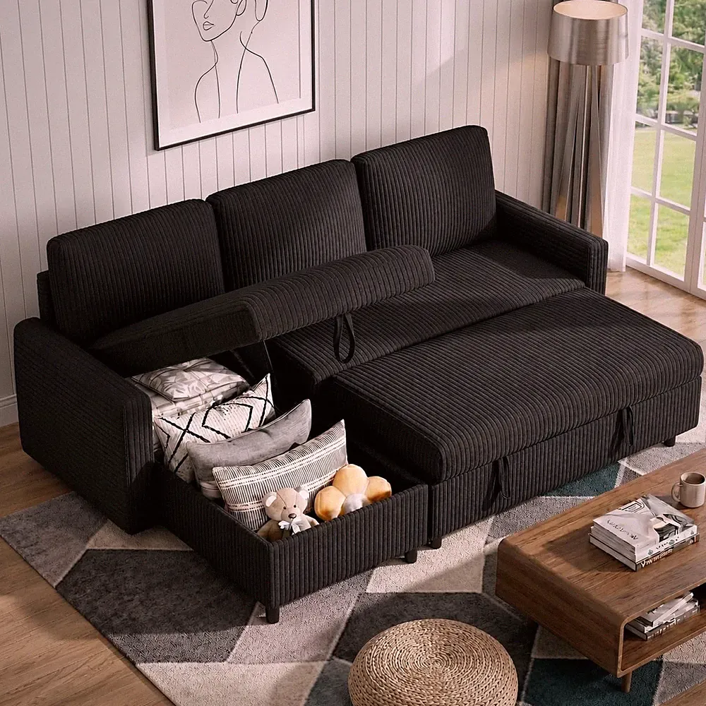 Pull Out Couch with Storage for Small Space, Black Corduroy