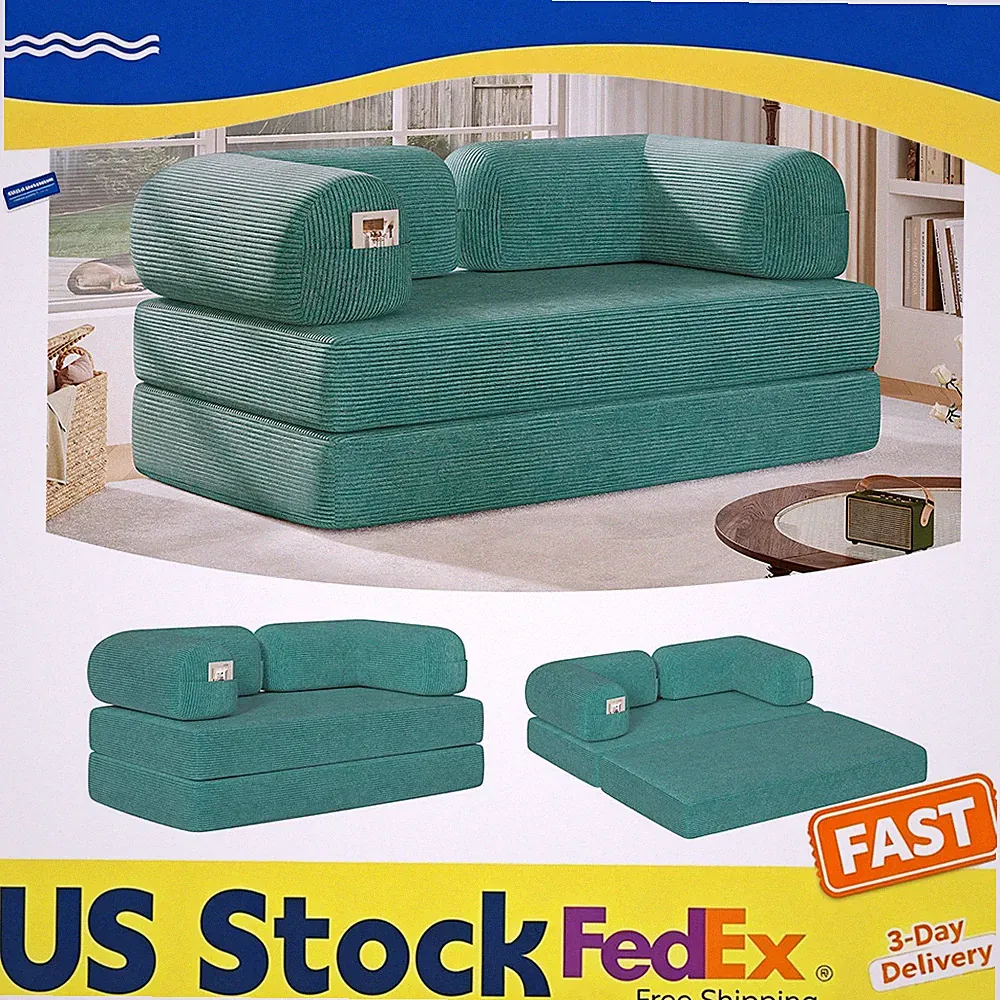 Pull Out Sleeper Sofa Bed 59 Inch 4-in-1 Convertible Futon with Corduroy Fabric