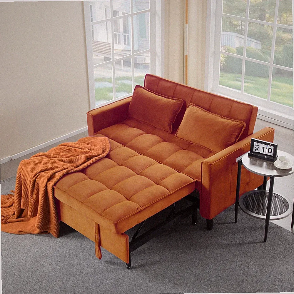 Pull-Out Sleeper Sofa Bed Twin Size Velvet/PU w/ Storage Pocket 2 Pillows Tufted
