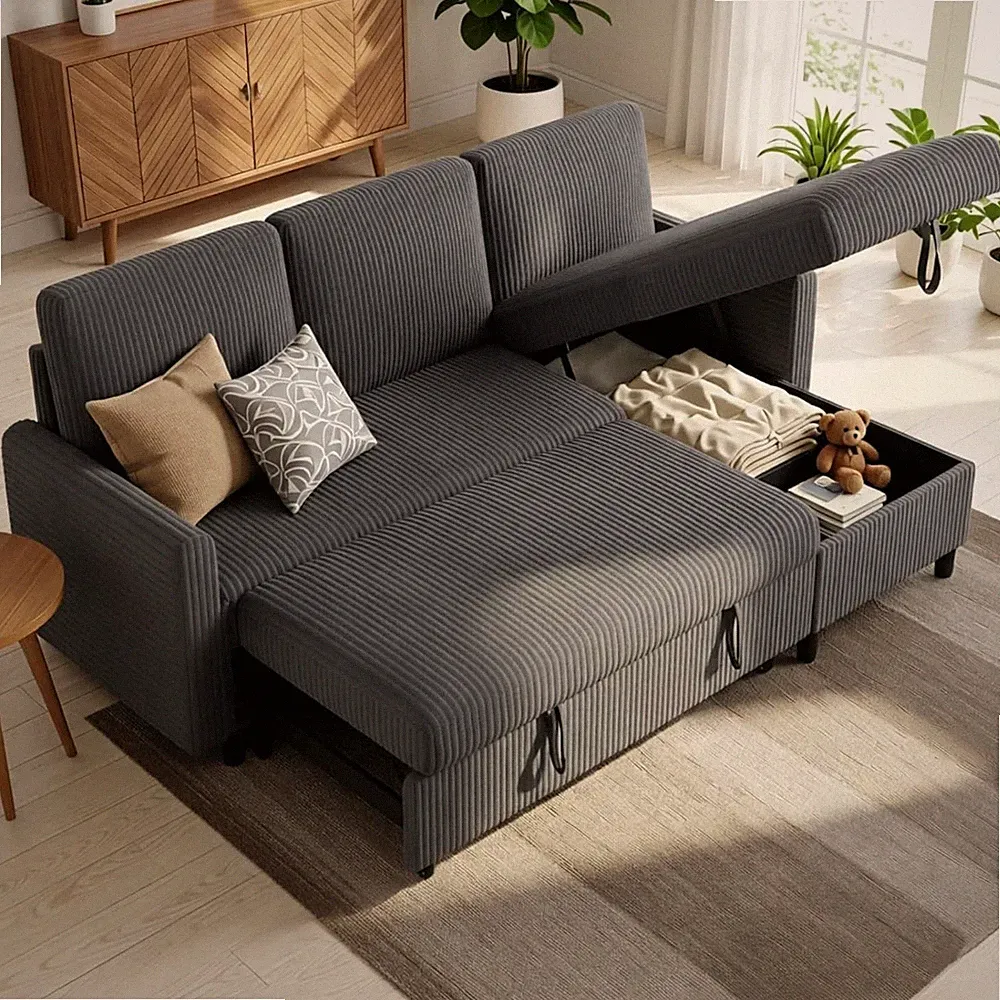 Pull Out Sleeper Sofa Bed with Storage Chaise, L-Shaped Corduroy Sectional