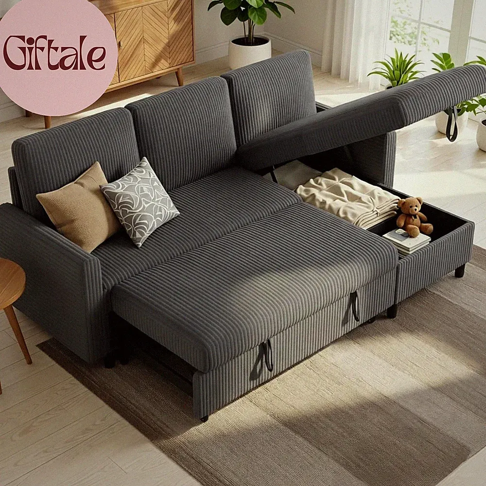 Pull Out Sleeper Sofa Bed with Storage Chaise, L-Shaped Corduroy Sectional Couch