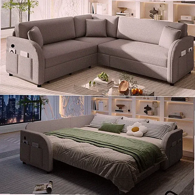 Pull Out Sleeper Sofa with USB Charging Station Sherpa Fleece Light Gray