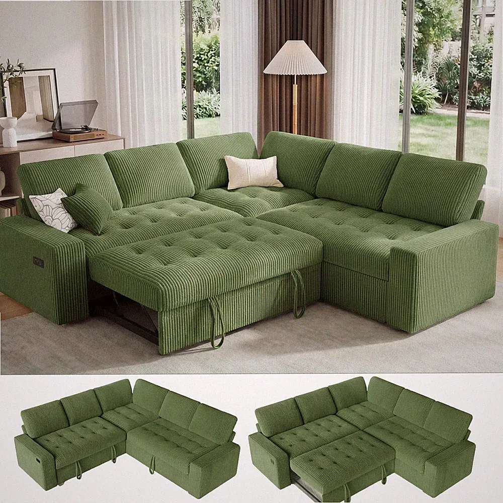 Pull Out Sofa Bed Sectional Sleeper Sofa with Reclining Backrest & Storage