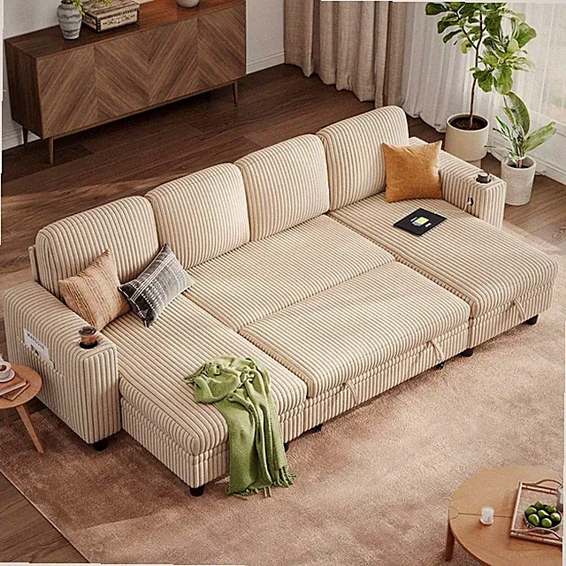 Pull Out Sofa Bed Sectional Sleeper Sofa with Storage, Plush Corduroy Pullout Mo