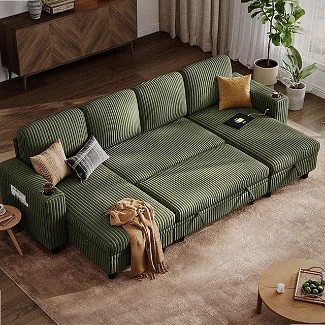 Pull Out Sofa Bed Sectional Sleeper Sofa with Storage, Plush Corduroy Pullout Mo