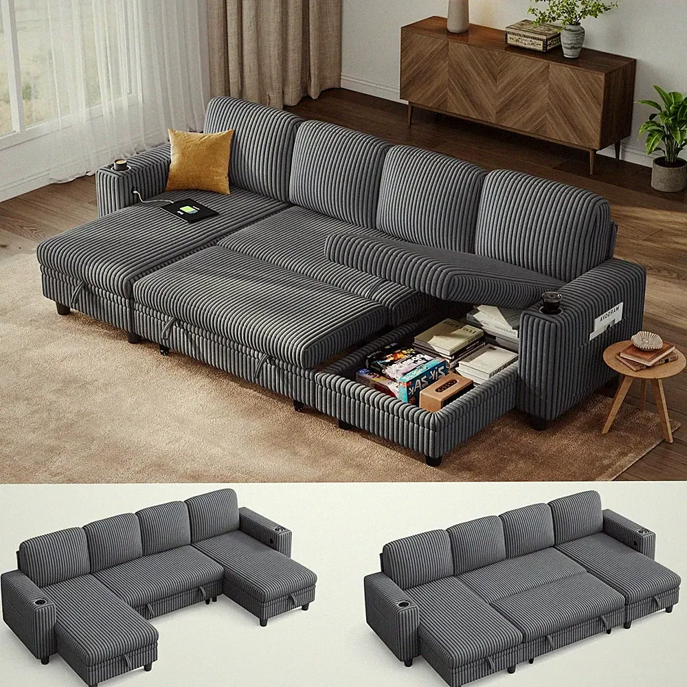 Pull Out Sofa Bed Sectional Sleeper Sofa with Storage, Plush Corduroy Pullout Mo