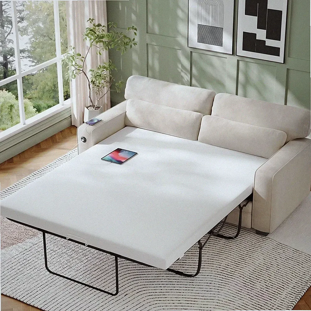 Pure White Queen Size Pull Out Sofa Bed With Memory Foam Mattress And 2 USB