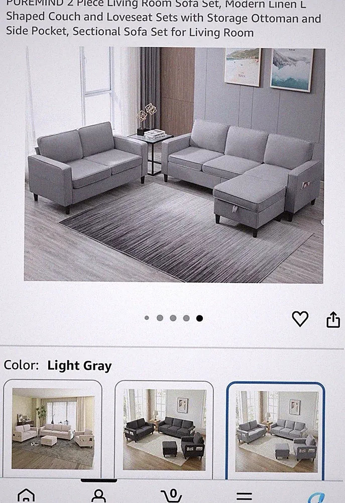 PUREMIND 2pc Convertible Sectional Sofa Set w/ Storage Ottoman, Light Gray