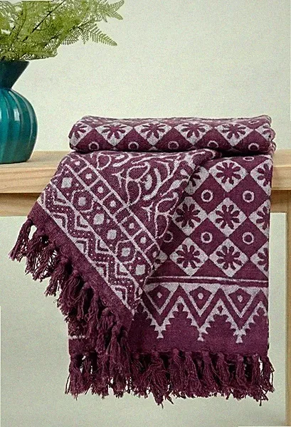 Purple Hand Block Printed Throw Blanket Bohemian Mud Cloth Indian Sofa Bed Throw