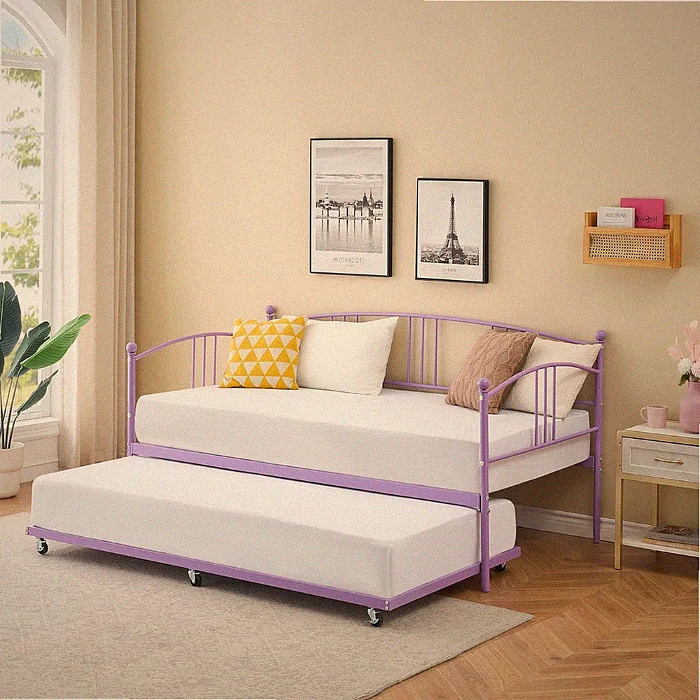 Purple Twin Daybed with Trundle, Metal Frame, Sofa Bed for Living Room/Bedroom
