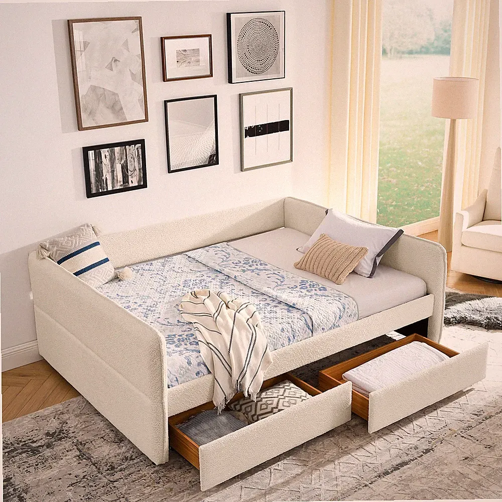 Queen Daybed with Trundle Tufted Sofa Bed Boucle Fabric Beige 2 Storage Drawers