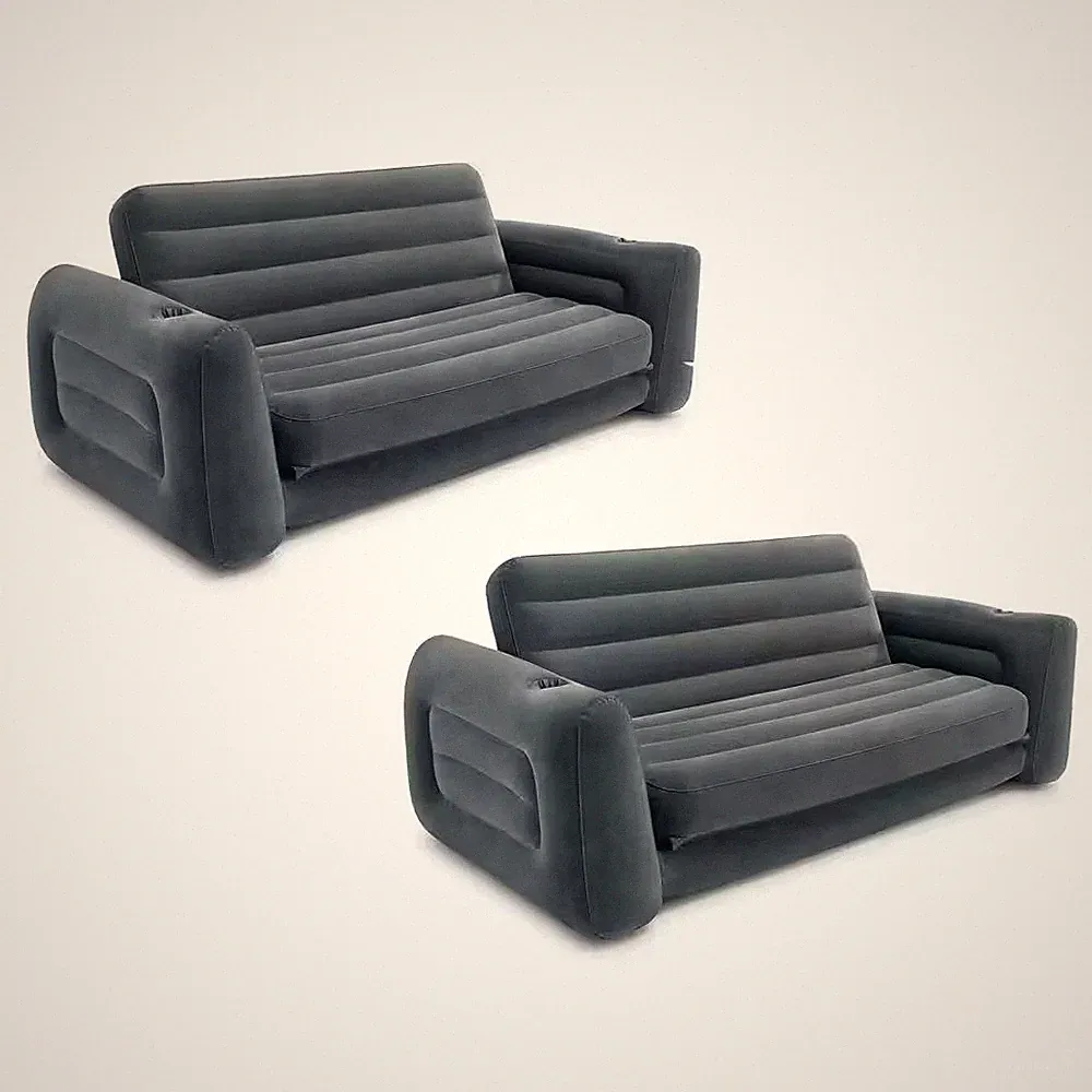 Queen Inflatable Pull-Out Sofa Bed Sleep Away Futon Couch, Gray (2-Pack)