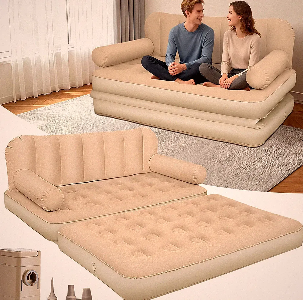 Queen Inflatable Sofa Bed Air Mattress with Pump 2 in 1 Blow Up Couch Flocked