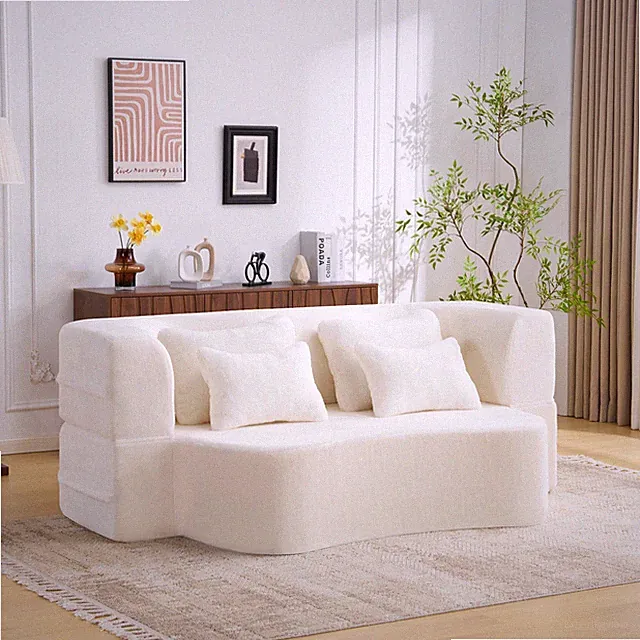 Queen Modern Fabric Futon Sofa Bed White Folding Storage Couch Living Room