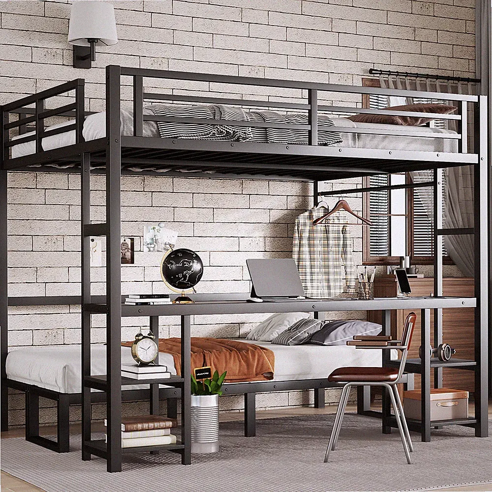 Queen Over Twin XL Metal Bunk Bed Loft Bed Sofa with Desk /Shelves/USB Black