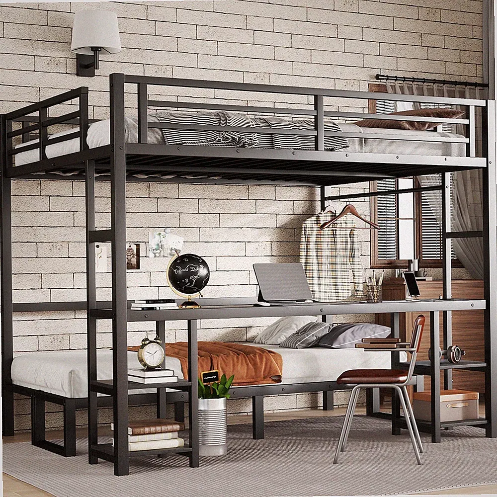 Queen Over Twin XL Metal Bunk Bed w/ Desk Shelves LED USB Multiple Uses Sofa