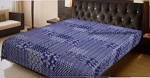 Queen Patchwork Boho Summer Cotton Blue Sofa Decor Blanket Kantha Quilt Bedsheet