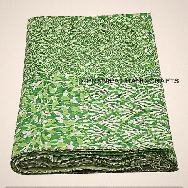 Queen Patchwork Summer Cotton Green Sofa Decor Blanket Kantha Quilt Bedspread