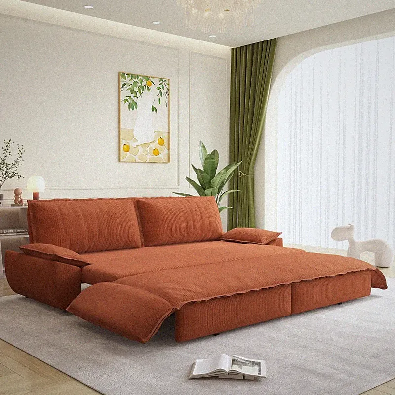 Queen Pull-Out Sofa Bed 73.2 Inch Corduroy Convertible Sleeper Orange