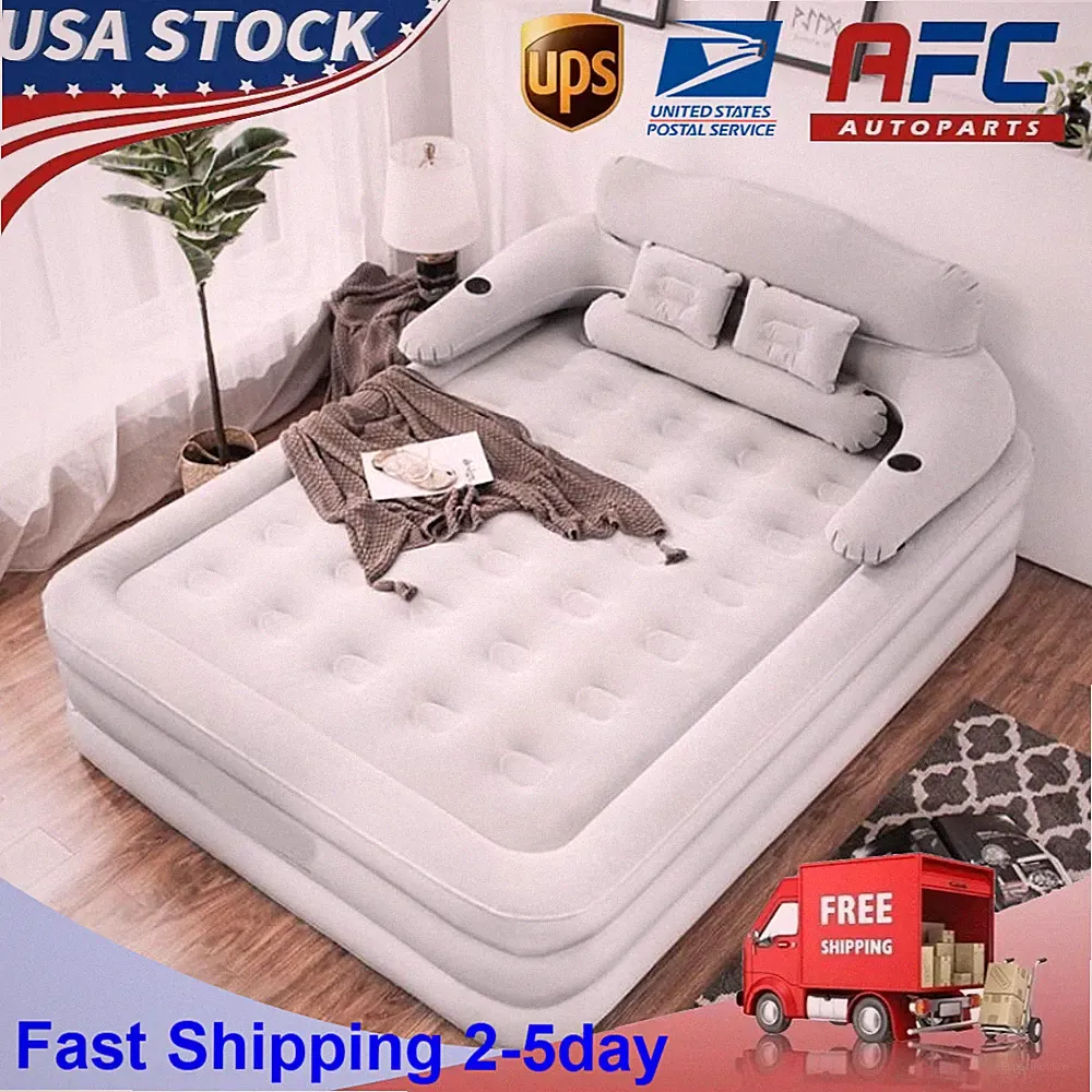Queen Size Air Sofa Bed Mattress w/ Headboard Pump Blow Up Couch Inflatable Bed