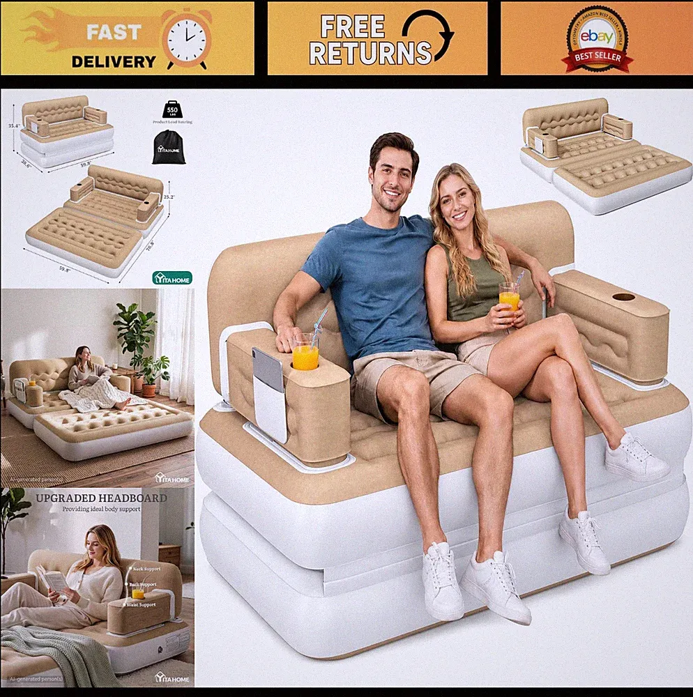 Queen Size Air Sofa Bed with Headboard & Electric Pump - Inflatable Couch, Porta