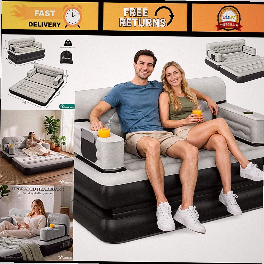 Queen Size Air Sofa Bed with Headboard & Pump - Inflatable Couch for Home Use